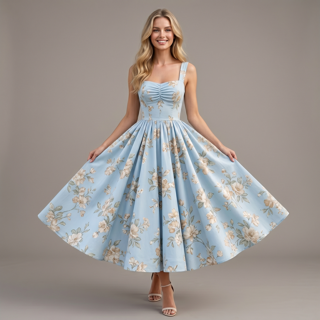 Abito Midi Azzurro con Stampa Floreale Romantica