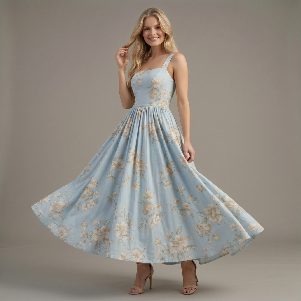 Abito Midi Azzurro con Stampa Floreale Romantica