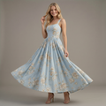 Abito Midi Azzurro con Stampa Floreale Romantica