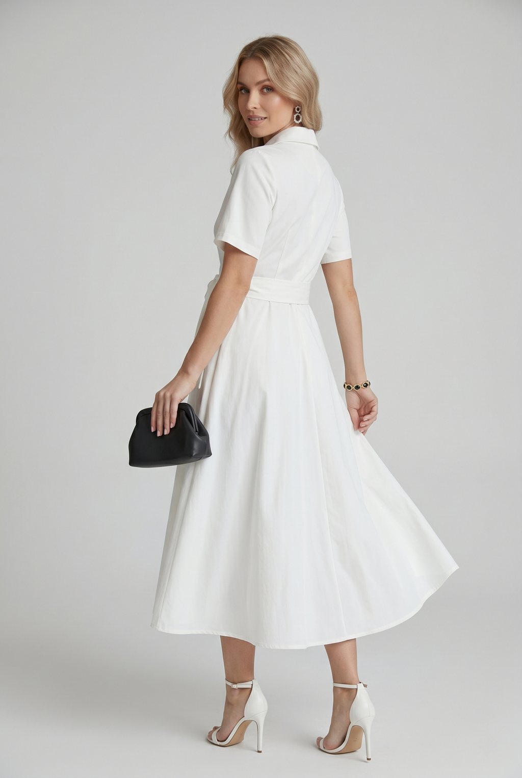 Abito Midi Bianco con Cintura Annodata e Linea Elegante