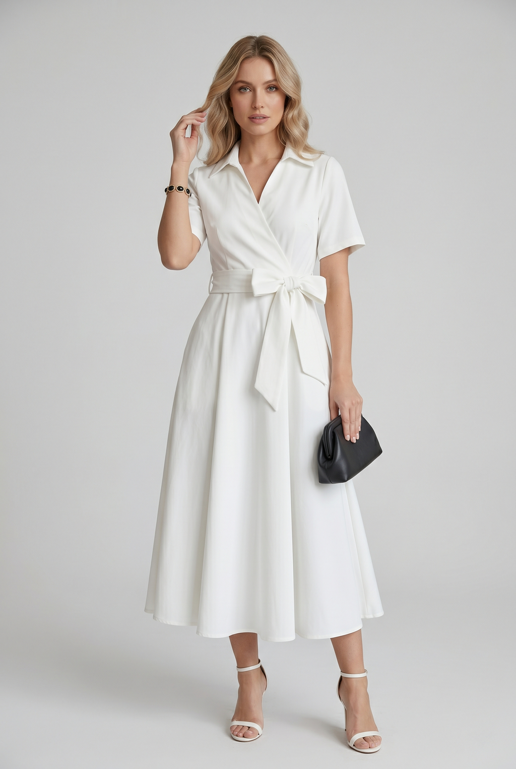 Abito Midi Bianco con Cintura Annodata e Linea Elegante